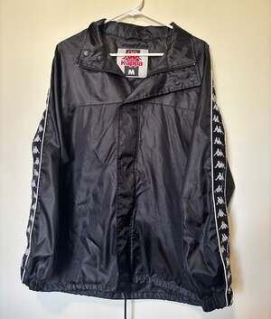 Vintage Kappa Black Hooded Windbreaker Jacket with Side Tape Detail